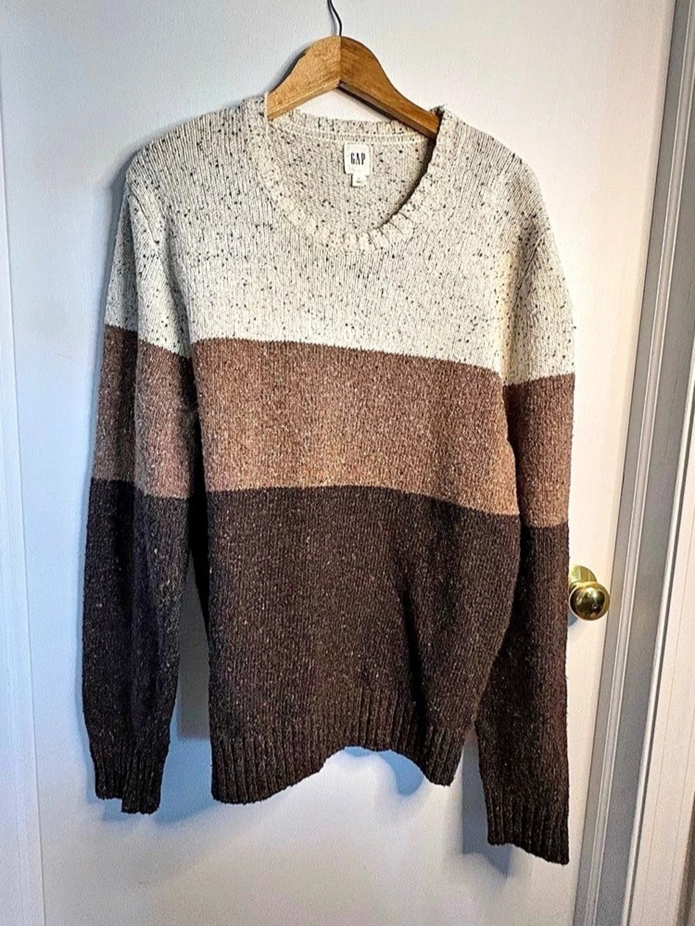 GAP Sz L Donegal Stripe Wool/Cotton Blend Sweater Preppy Classic Neutral Browns